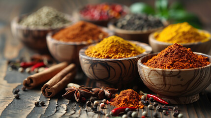 A close-up shot of a variety of colorful spices spilling out of open wooden bowls. Cinnamon sticks, star anise, red chili flakes, and turmeric powder create a vibrant tapestry of textures and colors.