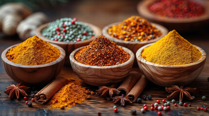 A close-up shot of a variety of colorful spices spilling out of open wooden bowls. Cinnamon sticks, star anise, red chili flakes, and turmeric powder create a vibrant tapestry of textures and colors.