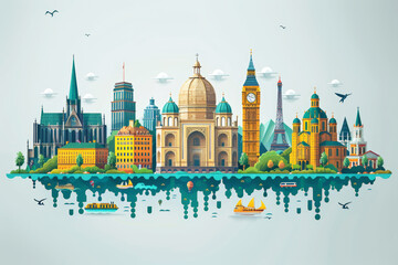 Fototapeta premium Floating cityscape with iconic world landmarks, suitable for travel and cultural diversity themes. World Ocean Day.