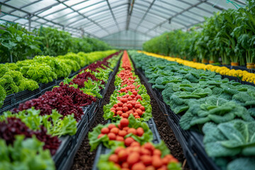 A panoramic view of a large-scale hydroponics farm inside a greenhouse, cultivating various vegetables.. AI generated.