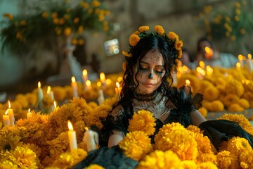 Mujer con un vestido negro en medio de flores amarillas y velas encendidas. Catrina en el dia de...