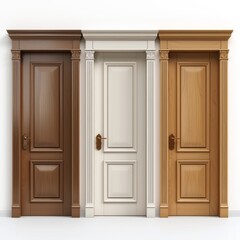 Realistic doors. 3D wooden house entrance front doors, white and brown office interior entrance. Illustration entrance door isolated on white background, vector set 
