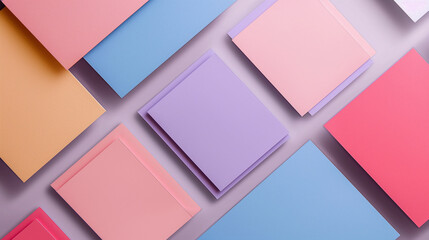 A colorful array of paper squares with a pink square in the middle