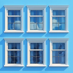 Set vector illustration of windows with white frames. Collection of various plastic windows. Internal and external elements