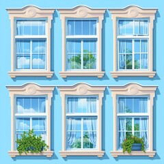 Set vector illustration of windows with white frames. Collection of various plastic windows. Internal and external elements