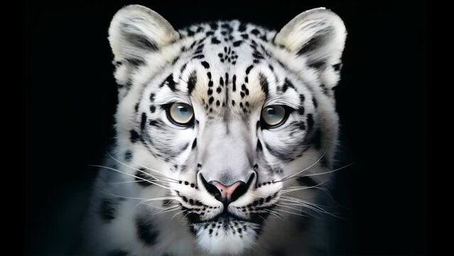 Close-up portrait of snow leopard on black background. High quality 4k footage