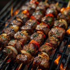 Skewers of juicy grilled meat cooking over a charcoal grill, emitting a savory aroma. Visual...