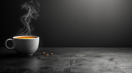 A minimalist still life showcasing a steaming cup of coffee on a sleek, black countertop. The cup is a clean white ceramic with a simple design. Steam rises from the cup, creating wispy tendrils.