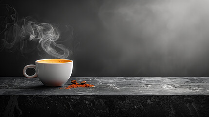 A minimalist still life showcasing a steaming cup of coffee on a sleek, black countertop. The cup is a clean white ceramic with a simple design. Steam rises from the cup, creating wispy tendrils