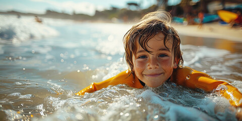 Young boy floating in ocean with life vest, symbolizing joy and summer vacation themes. World Ocean Day.