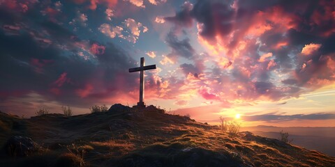Obraz premium a cross on a hill with a sunset in the background and clouds in the sky