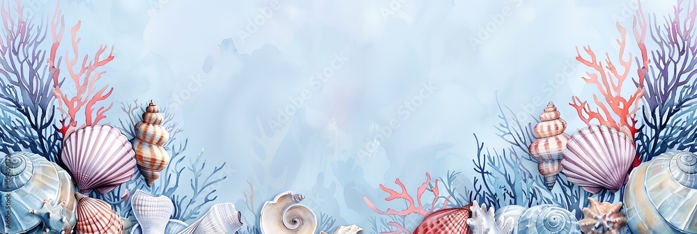 Poster a painting of seashells and corals on a blue background with a place for text or image
