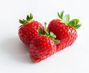 three strawberries with green leaves on a white background