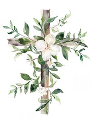 a cross with flowers and leaves on it is painted in watercolor on a white background