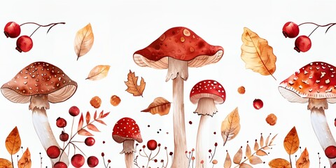 a painting of a group of mushrooms and leaves on a white background