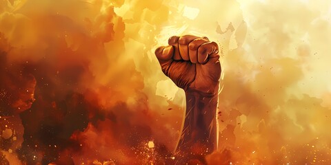 fist is in the air with a yellow and orange background.
