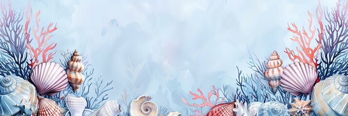 a painting of seashells and corals on a blue background with a place for text or image