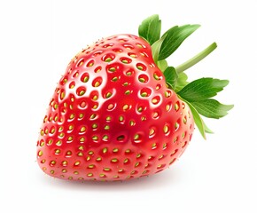 a close up of a strawberry with a green stem on a white background