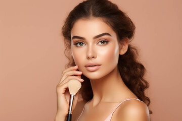Fototapeta premium Beautiful Woman Holding Makeup Brush. Generated by AI