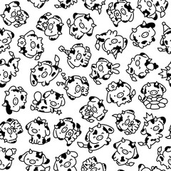 Cute kawaii baby cow. Seamless pattern. Coloring Page. Cartoon farm animal character in different poses. Hand drawn style. Vector drawing. Design ornaments.