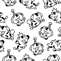 Cute kawaii baby cow. Seamless pattern. Coloring Page. Cartoon farm animal character in different poses. Hand drawn style. Vector drawing. Design ornaments.