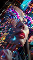 Enhance the beauty of this circuitry with the face of a fashionable young woman wearing glasses, half covered by the circuitry. Shades of pink, blue and purple.