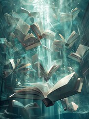 A beautiful painting of books floating in mid-air