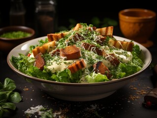 Chef's Caesar Salad Served Fresh in a Rustic Kitchen