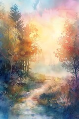 Create a watercolor painting of a beautiful misty forest with a winding creek running through it. Make the colors soft and muted.