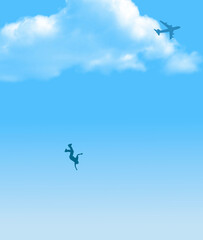 An example of deduction is seen here where a falling man is seen below and airplane. Using deduction we can assume the man fell from the airplane in this 3-d illustration.