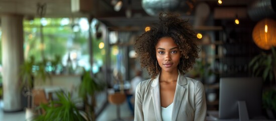 A portrait of a stylish Afro businesswoman, modern office backdrop, plants, desk, lights, monitor.