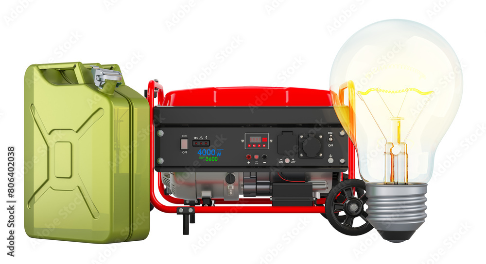 Aufkleber gasoline generator with jerrycan and light bulb. 3d rendering isolated on transparent background