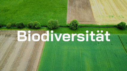 Biodiversität Schriftzug dahinter ein Luftbild einer Landschaft mit vielen Feldern durchzogen von...