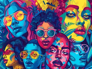 A group of diverse women with different skin tones and hair textures are wearing colorful sunglasses