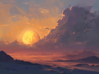 A beautiful landscape painting of a sunset over a mountain range
