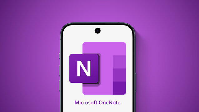 OneNote logo displayed on a modern smartphone standing on a desk, purple gradient behind it, note-taking software, free-form information gathering, collaboration, notes, drawings, screen clippings