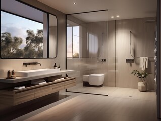 Fototapeta na wymiar Dusk Light Bathes a Modern Bathroom Overlooking Nature