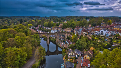 Historic Town and River Bridge Aerial View in Knaresborough, Yorkshire