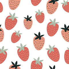 cute seamless pattern with strawberries on a white background, illustration in doodle style