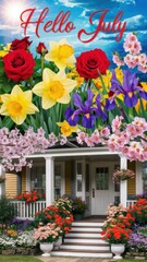 Bright and cheerful Hello July with vivid spring flowers. vertical story size