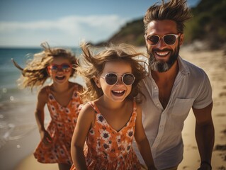 Father and daughters enjoying a sunny beach day together - Powered by Adobe