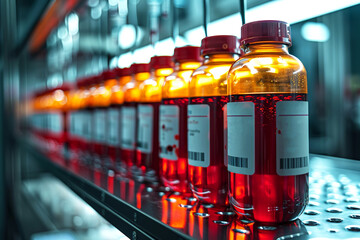 Laboratory shelf lined with glowing red specimens, depicting advanced scientific research or biotechnology studies. World Blood Donor Day.