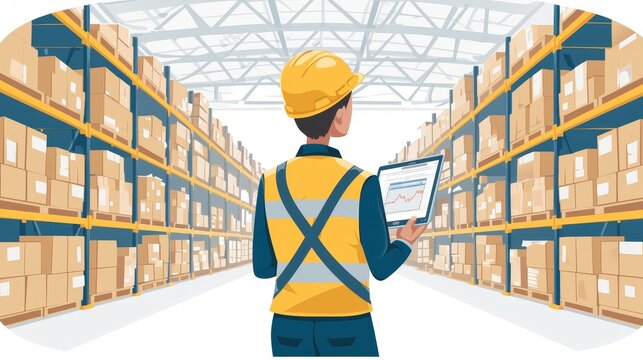 Warehouse worker wearing hard hat and safety vest doing inventory check in distribution center