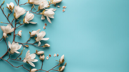 A blue background with white flowers on it