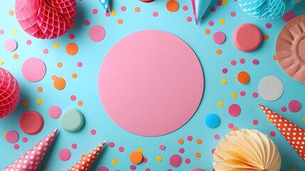 Fototapeta premium Colorful Party Background with Decorations and Confetti on Blue and Pink Background 