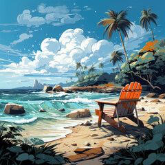 Watercolor summer beach landscape vector, clipart Illustration, Generative Ai