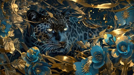 Majestic Panther Amidst Blue Flowers and Golden Flora: Abstract Chinapunk Art