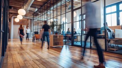 Fototapeta premium Bright business workplace with people in walking in blurred motion in modern office space. Abstract defocused shapes of office business people. Defocused shot of business people walking in office.