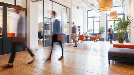 Bright business workplace with people in walking in blurred motion in modern office space. Abstract...