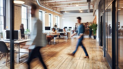 Bright business workplace with people in walking in blurred motion in modern office space. Abstract defocused shapes of office business people. Defocused shot of business people walking in office.
